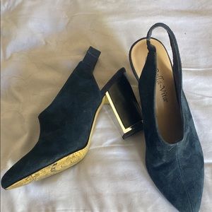 Blue suede mule slingbacks